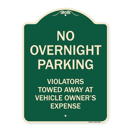 Signmission Designer Series-No Overnight Parking, Green Heavy-Gauge Aluminum, 24" x 18", G-1824-9967 A-DES-G-1824-9967